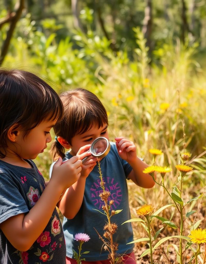 Niñas observando una flor silvestre con lupa en un bosque seco tropical